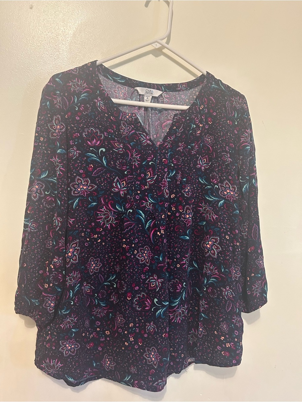 NWOT croft & barrow career black floral peasant tunic LP teal & magenta accents